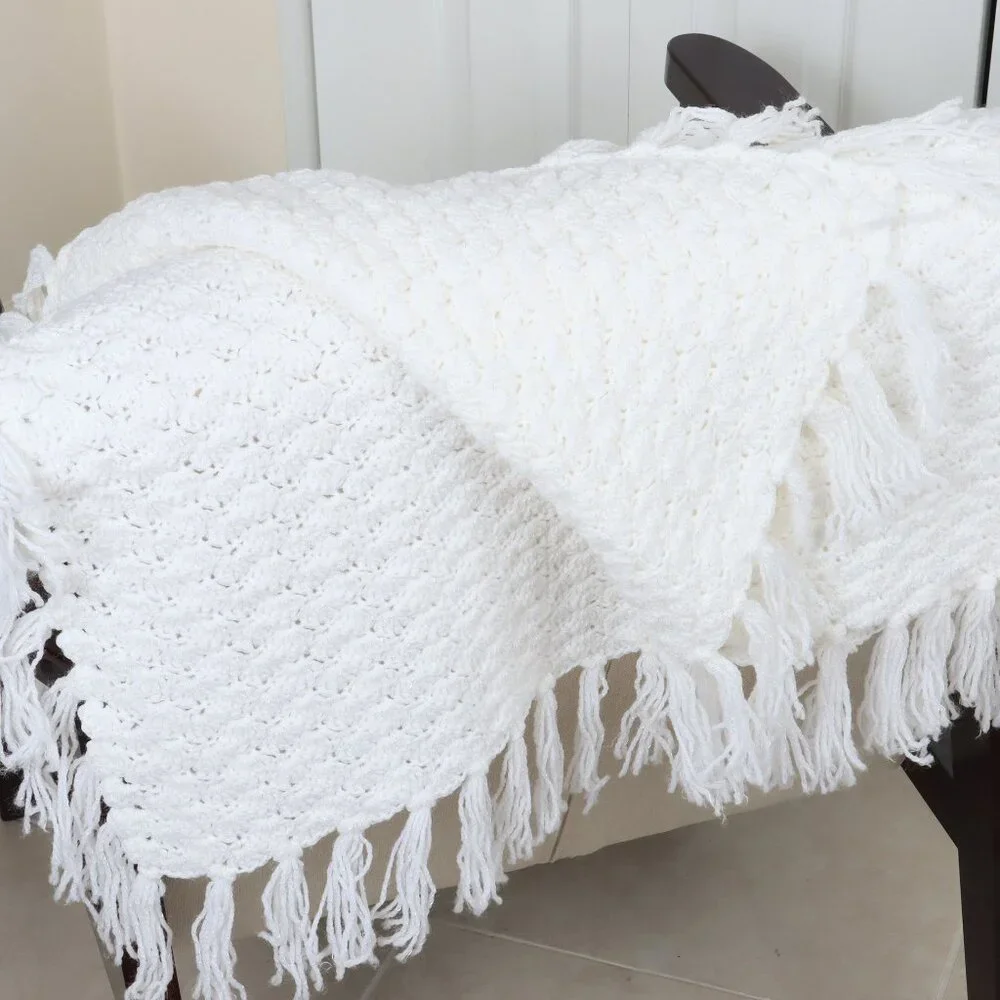 White Crochet Blanket with Tassels, Handmade